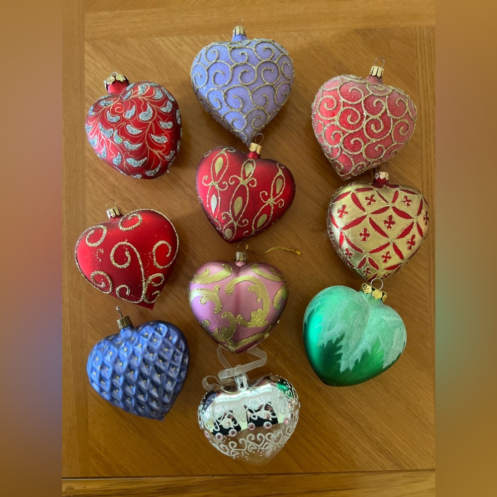 (10) Glass Heart Christmas Ornaments